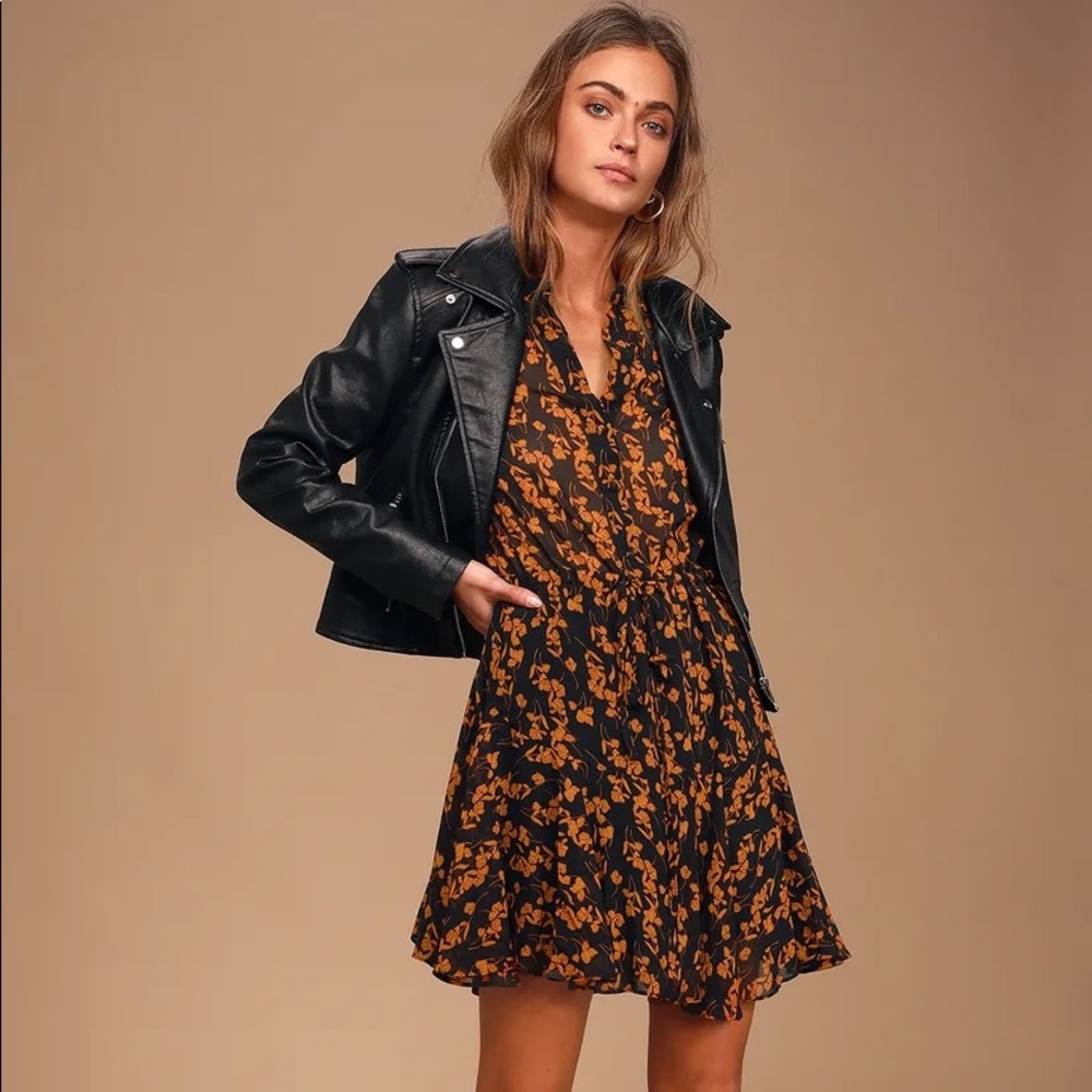 NWT Lulus Black Floral Print Long Sleeve Mini Dress